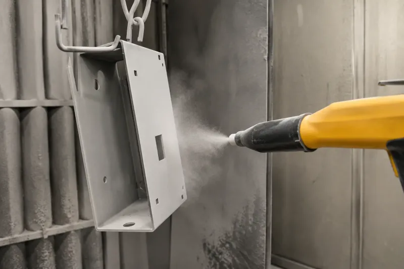Electrostatic powder coating being applied to a grounded sheet metal enclosure