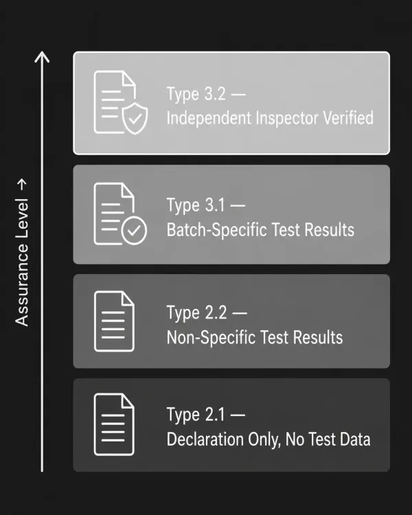 Vertical comparison diagram of EN 10204 certificate types from 2.1 to 3.2 showing increasing levels of quality assurance