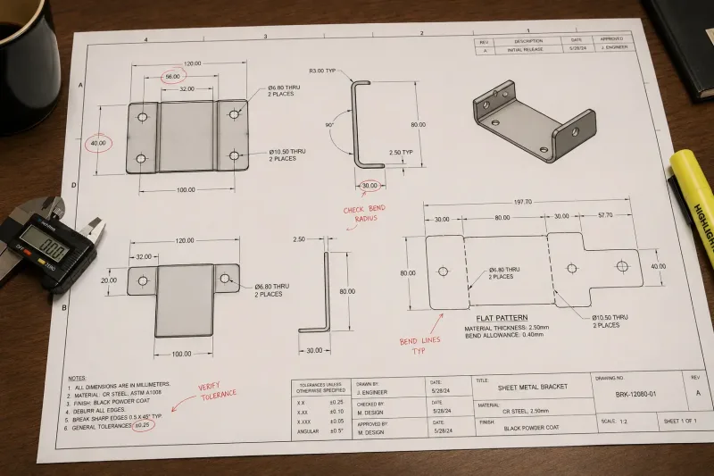 Engineering drawing of a sheet metal bracket with dimensional annotations and red-ink review notes on a desk with a digital caliper nearby