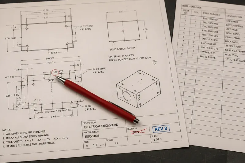 Technical engineering drawing of a metal enclosure with revision markers and dimension callouts spread on a desk