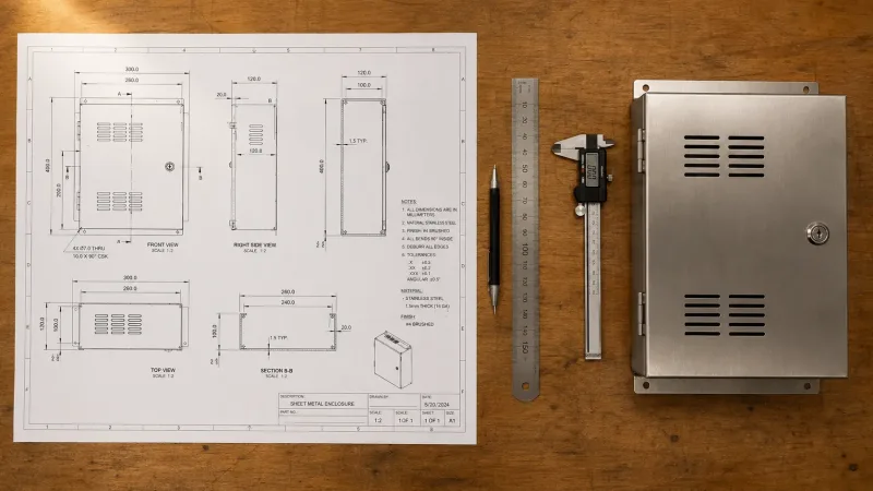 Technical engineering drawing of a sheet metal enclosure placed next to a fabricated metal prototype part on a drafting table