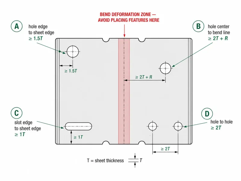 Top-view engineering diagram showing recommended minimum distances from holes, slots, and cutouts to sheet edges and bend lines in sheet metal design