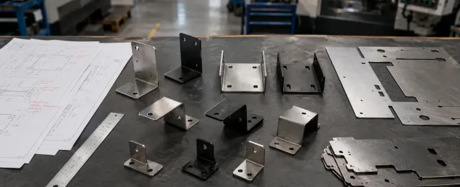 Sheet metal brackets in various shapes displayed alongside engineering drawings on an industrial workbench