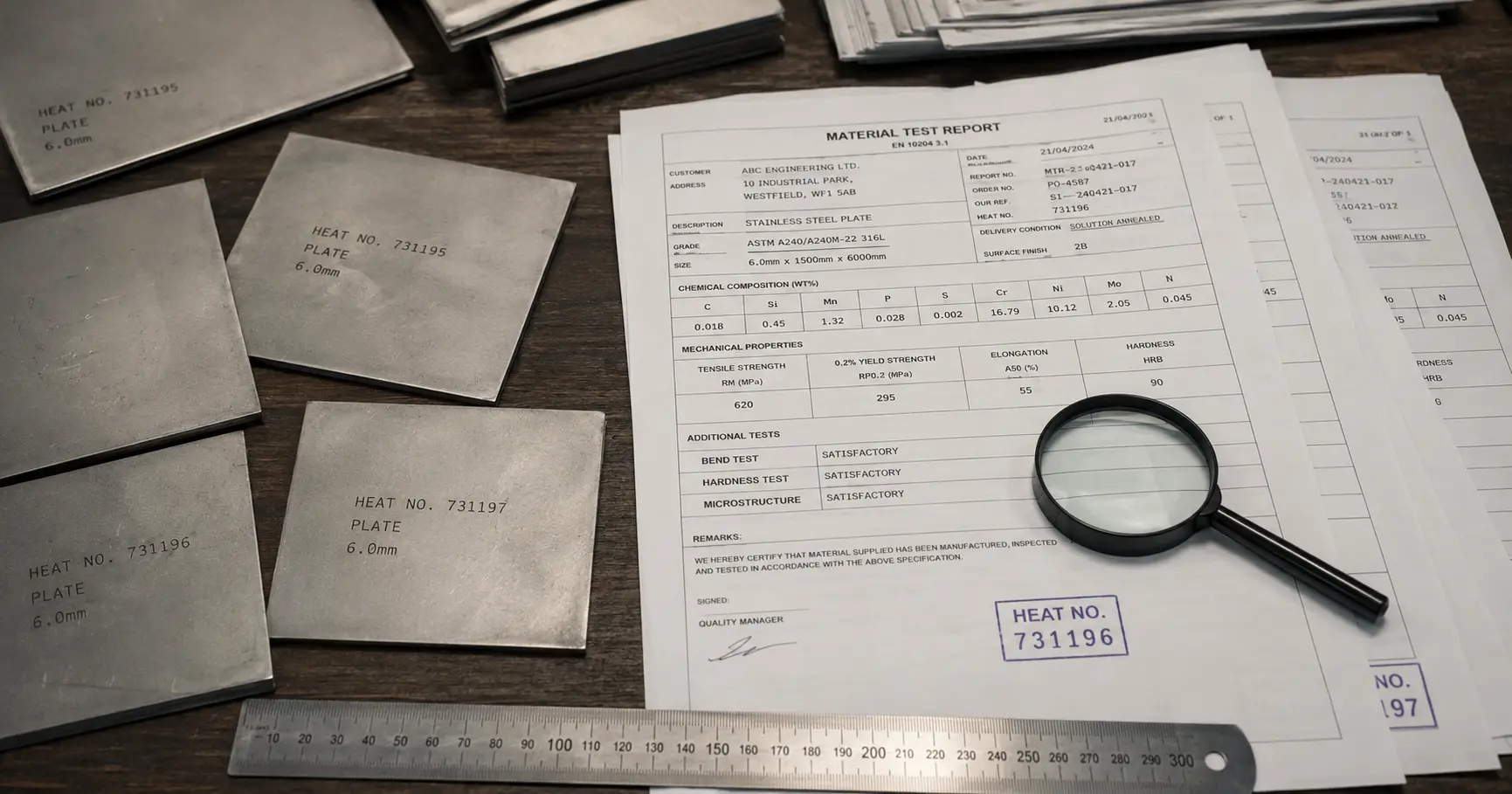 Material Test Reports and metal sheet samples on a factory inspection table