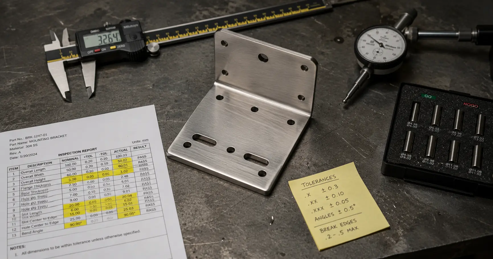 Sheet metal bracket on inspection workbench surrounded by calipers, gauges, and a dimensional report
