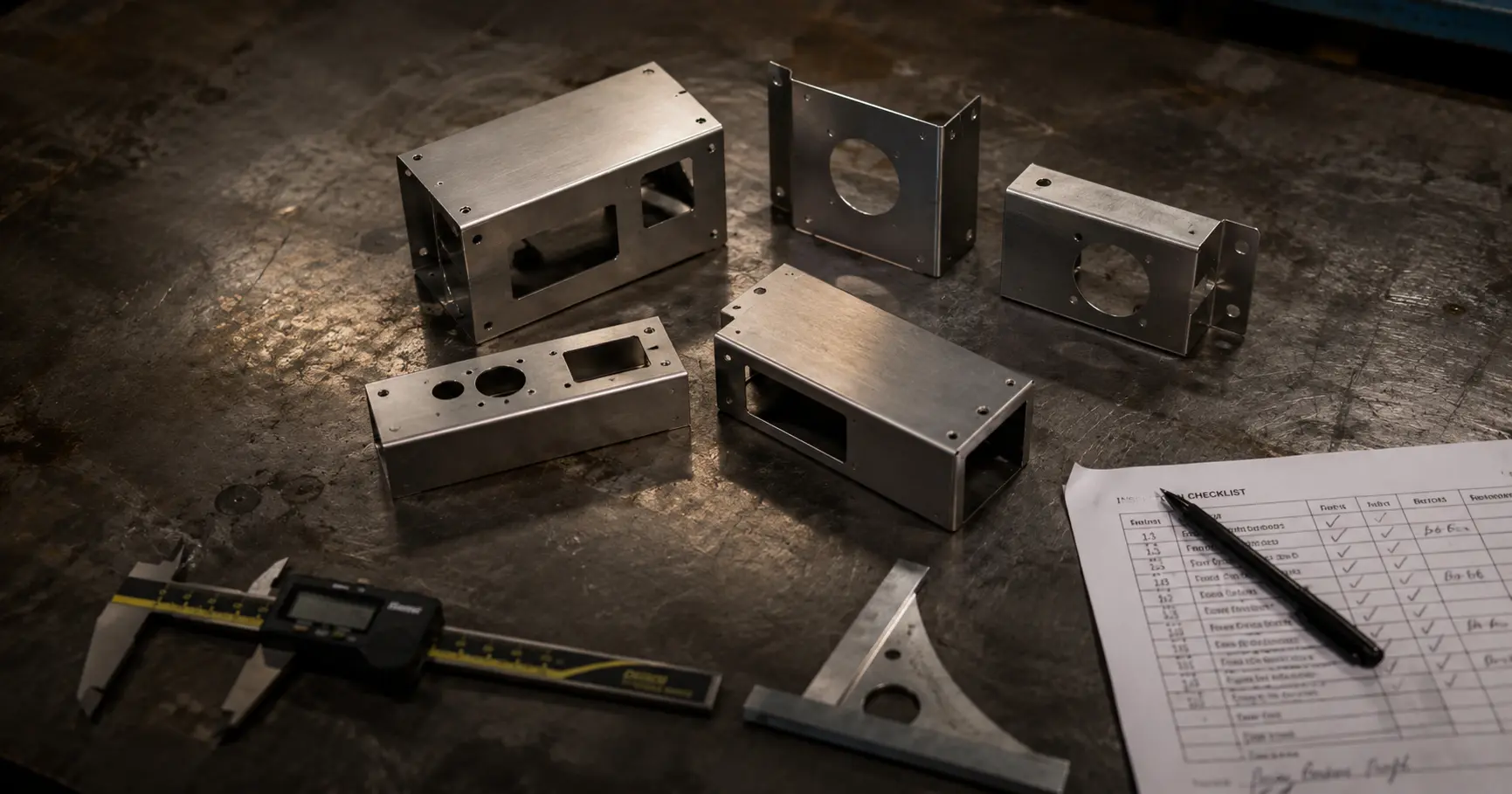 Sheet metal fabricated parts placed next to digital calipers and an inspection checklist on a metal workbench