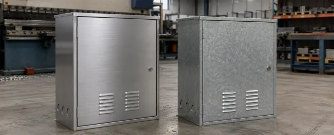 Stainless steel and galvanized steel electrical enclosures placed side by side in a fabrication workshop for material comparison