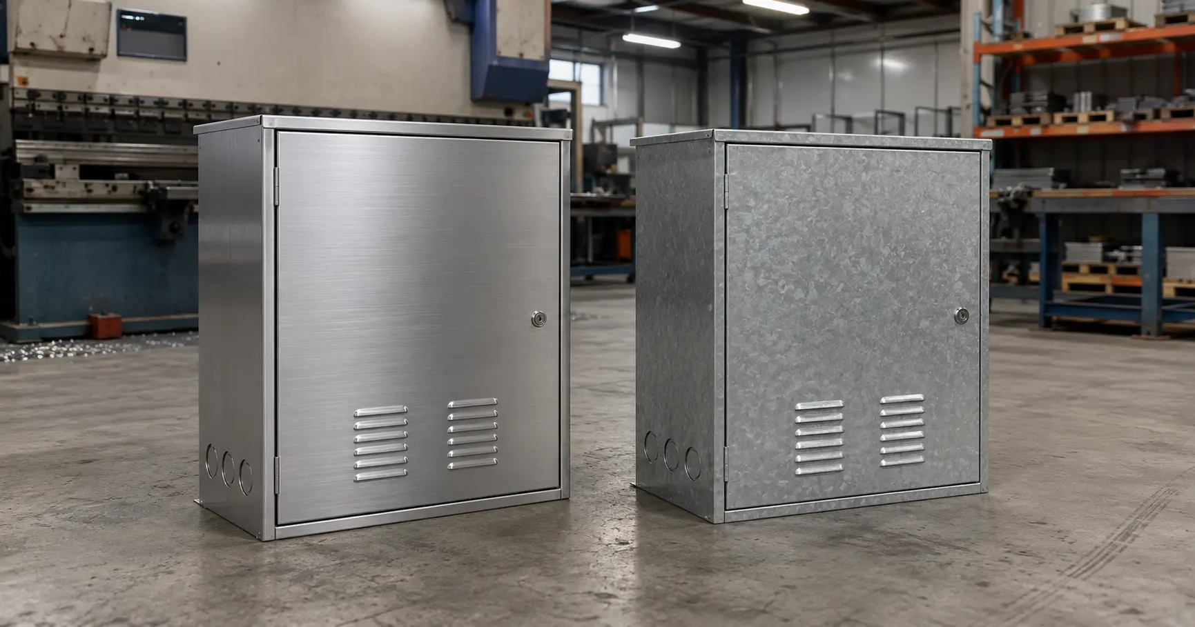Stainless steel and galvanized steel electrical enclosures placed side by side in a fabrication workshop for material comparison