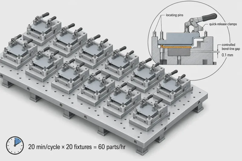 Isometric illustration of 20 adhesive bonding fixtures arranged for high-volume sheet metal production with a cross-section detail