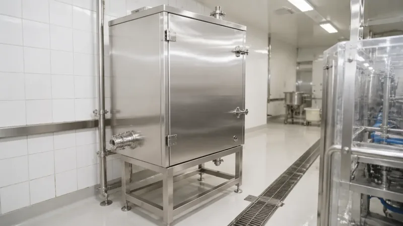 Polished stainless steel equipment enclosure in a clean food processing facility with white tiled walls