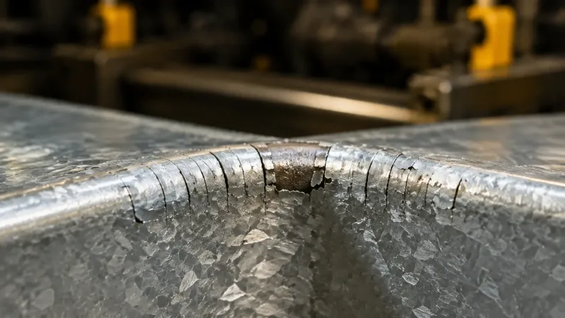 Close-up photograph of a galvanized steel bend showing micro-cracks in the zinc coating on the outside of the bend radius