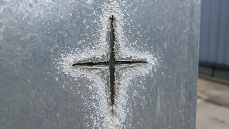 Close-up photograph of a galvanized steel panel scratch showing zinc sacrificial corrosion protecting the exposed steel underneath