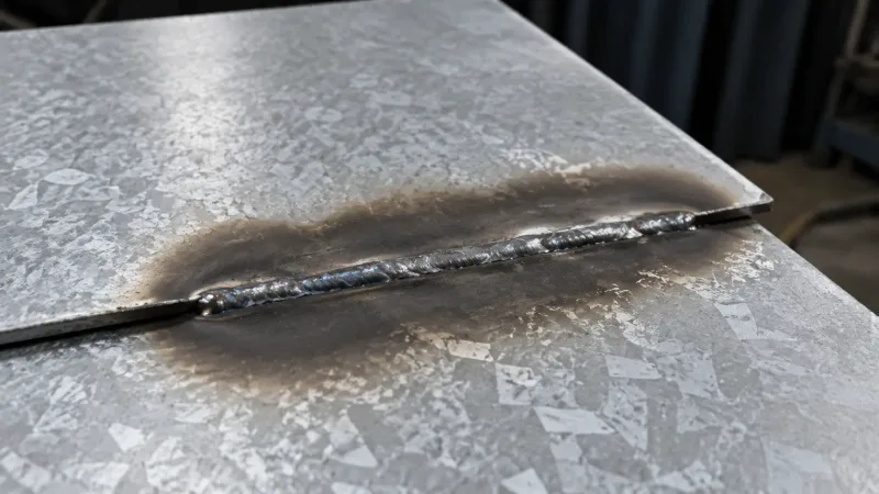Photograph of a galvanized steel weld joint showing the burned-off zinc coating area surrounding the weld bead