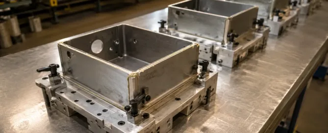 High-volume adhesive bonding production line with sheet metal assemblies clamped in fixtures on a factory floor