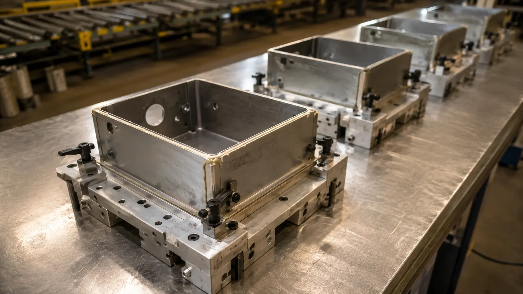 High-volume adhesive bonding production line with sheet metal assemblies clamped in fixtures on a factory floor