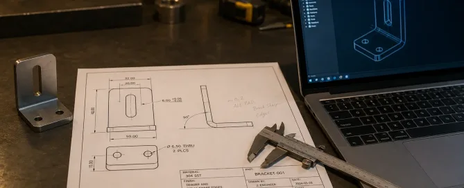 A technical engineering drawing of a sheet metal bracket placed on a metalwork table alongside a laptop displaying a 3D CAD model