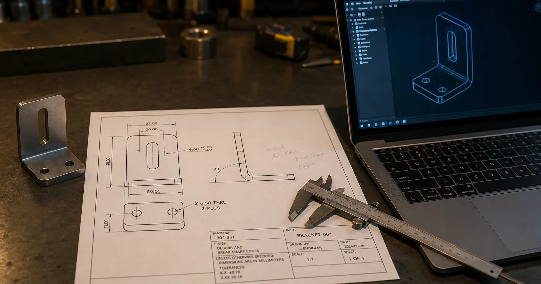 A technical engineering drawing of a sheet metal bracket placed on a metalwork table alongside a laptop displaying a 3D CAD model