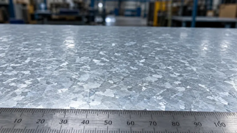 Close-up photograph of hot-dip galvanized steel surface showing characteristic zinc spangle crystalline pattern