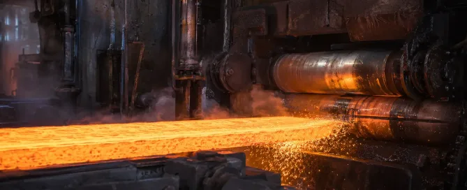 Close-up view of red-hot glowing steel strip being processed through industrial hot rolling mill rollers