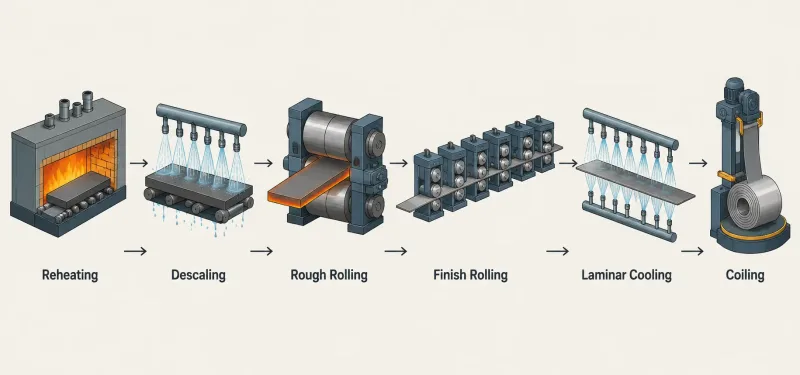 Flowchart illustrating the six main stages of hot-rolled steel strip production from reheating furnace to coiling