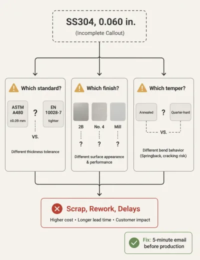 Flowchart showing problems caused by an incomplete material specification in sheet metal fabrication