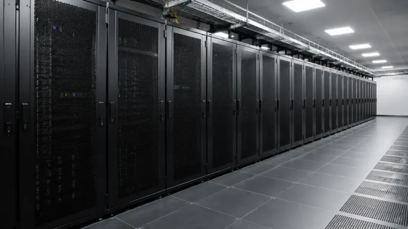 Row of powder-coated steel server enclosures in a clean indoor data center environment
