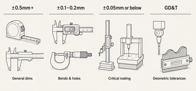 Chart showing which inspection tools match different tolerance ranges from general dimensions to GD&T callouts