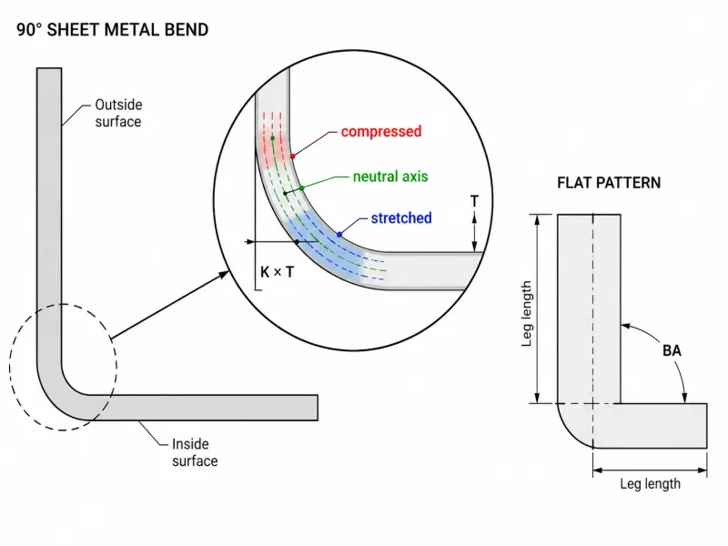 Cross-section of a sheet metal bend showing compressed inner surface, stretched outer surface, and neutral axis position representing the K-factor
