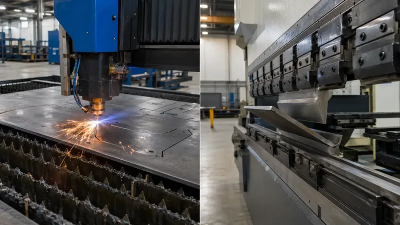 Laser cutting machine cutting sheet metal parts and a press brake forming bends in a fabrication shop