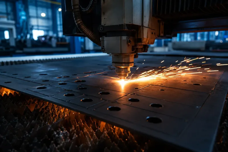 Fiber laser cutting machine cutting flat steel sheet for sheet metal bracket production with visible sparks