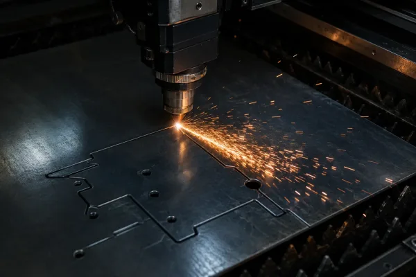 Close-up of a fiber laser beam cutting a precise contour into flat sheet metal with visible sparks and cut debris
