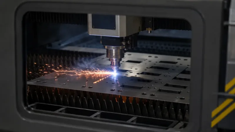 Fiber laser cutting machine cutting precise patterns into a stainless steel sheet with bright sparks and focused laser beam