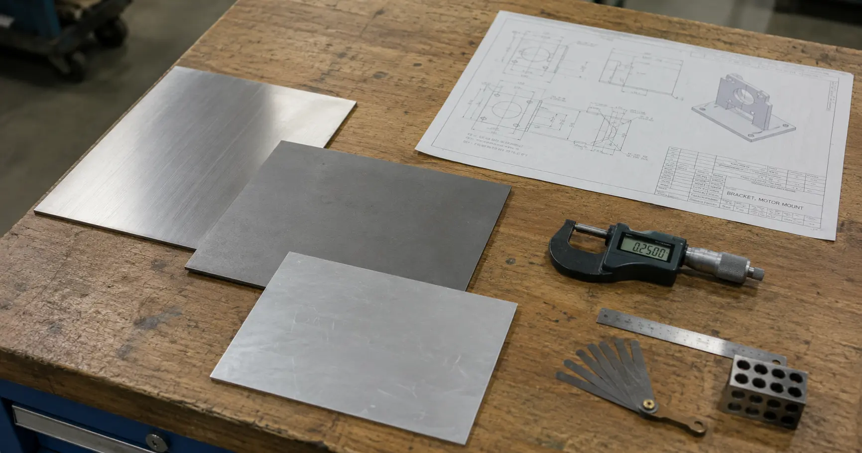 Flat sheet metal panels and technical specification documents on a fabrication workshop table