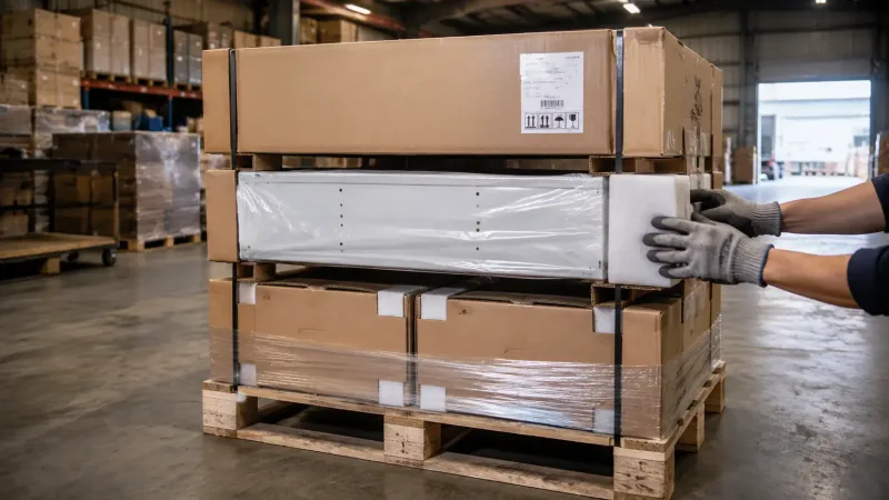  Sheet metal enclosures packed with foam corner protectors, PE film, and custom cartons on a pallet ready for shipping