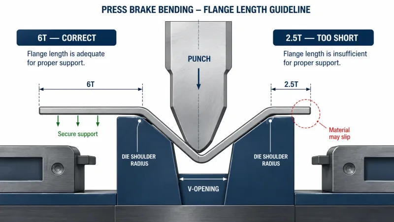 Cross-section diagram of press brake tooling showing correct versus insufficient flange length during sheet metal bending
