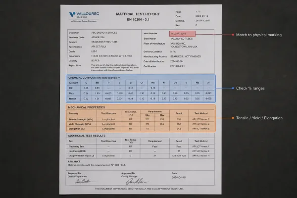 Material Test Report with key review fields highlighted: chemical composition, mechanical properties, and heat number