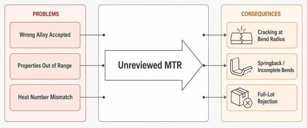 Cause-and-effect diagram showing how unreviewed MTRs lead to cracking, springback, and full-lot rejection in sheet metal fabrication
