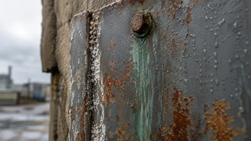 Close-up photograph of a weathered metal surface showing corrosion, moisture stains, and UV-chipped coating from long-term outdoor exposure