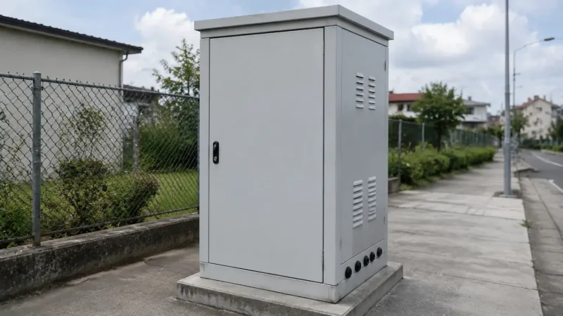 Outdoor powder-coated hot-dip galvanized steel telecommunications cabinet installed on a concrete pad in a suburban environment