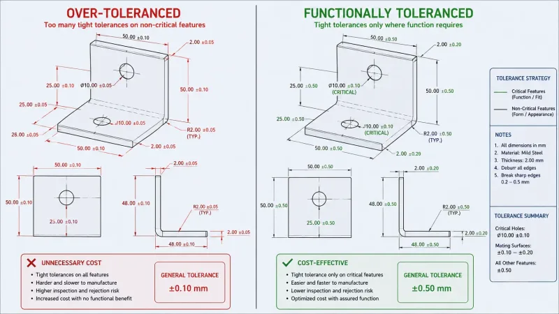 Comparison of an over-toleranced sheet metal drawing with excessive dimensions versus a practical drawing with tolerances only on functional features