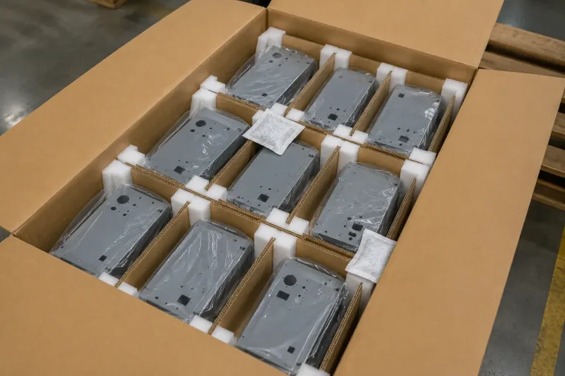 Finished powder coated sheet metal enclosures protected with film and dividers for shipping
