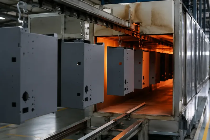 Powder coated sheet metal enclosures entering a curing oven