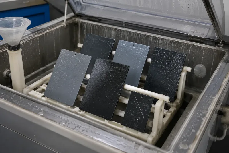 Powder coated sheet metal test panels inside a salt spray corrosion test chamber