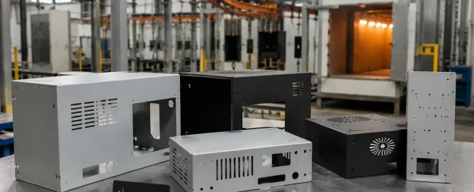 Powder coated sheet metal enclosures in an industrial finishing workshop