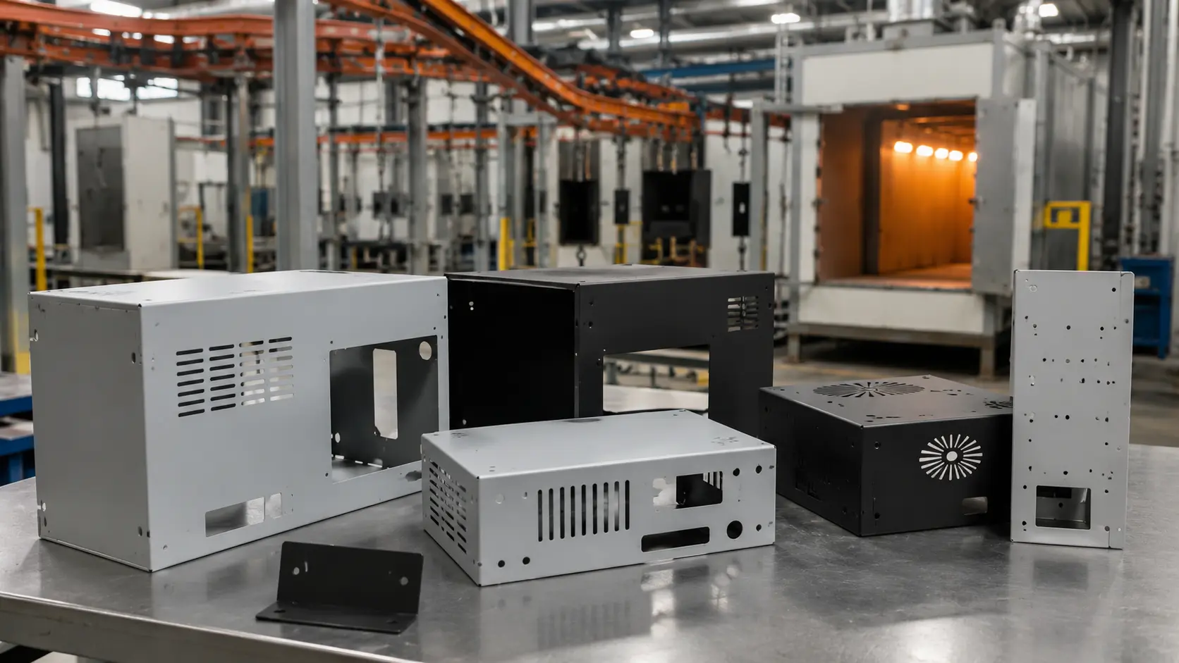 Powder coated sheet metal enclosures in an industrial finishing workshop