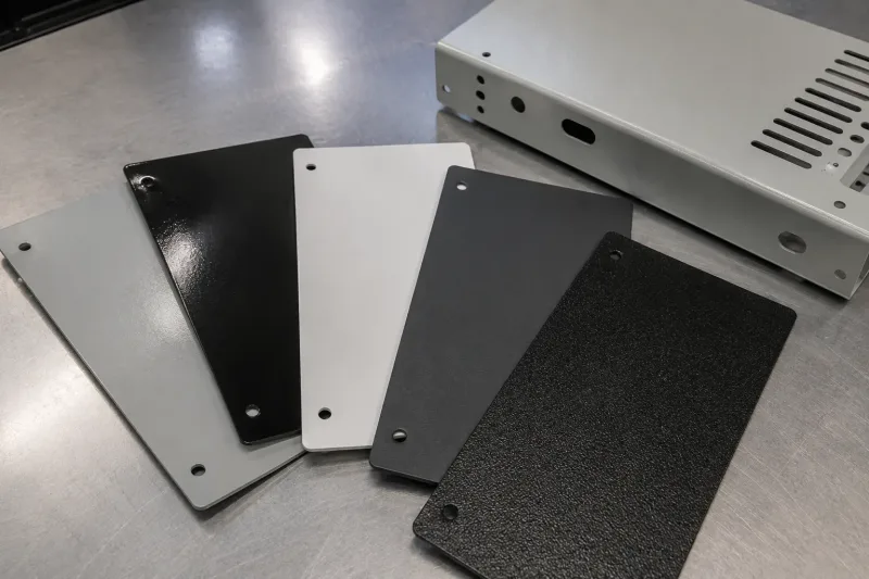 Powder coating color and gloss sample panels for sheet metal enclosures