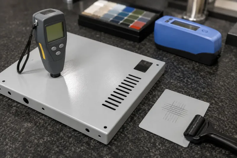 Powder coating inspection using a dry film thickness gauge on a sheet metal enclosure