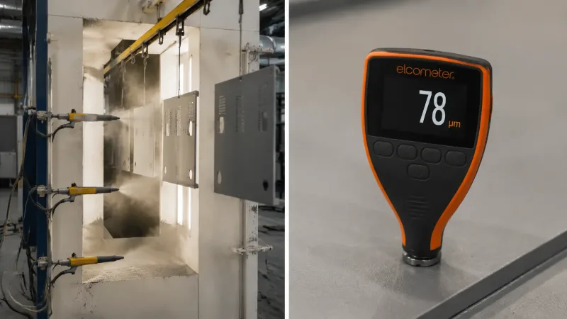 Powder coating booth applying finish to metal enclosures and a coating thickness gauge reading on a finished surface