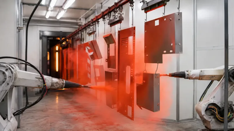 Automated powder coating spray booth with electrostatic guns applying powder to hanging sheet metal parts
