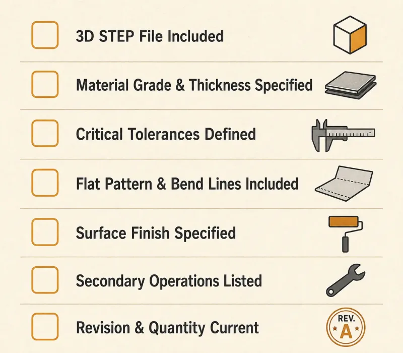 Visual pre-submission checklist for sheet metal fabrication showing seven items with checkmark boxes including 3D file, material spec, tolerances, flat pattern, surface finish, secondary operations, and revision info